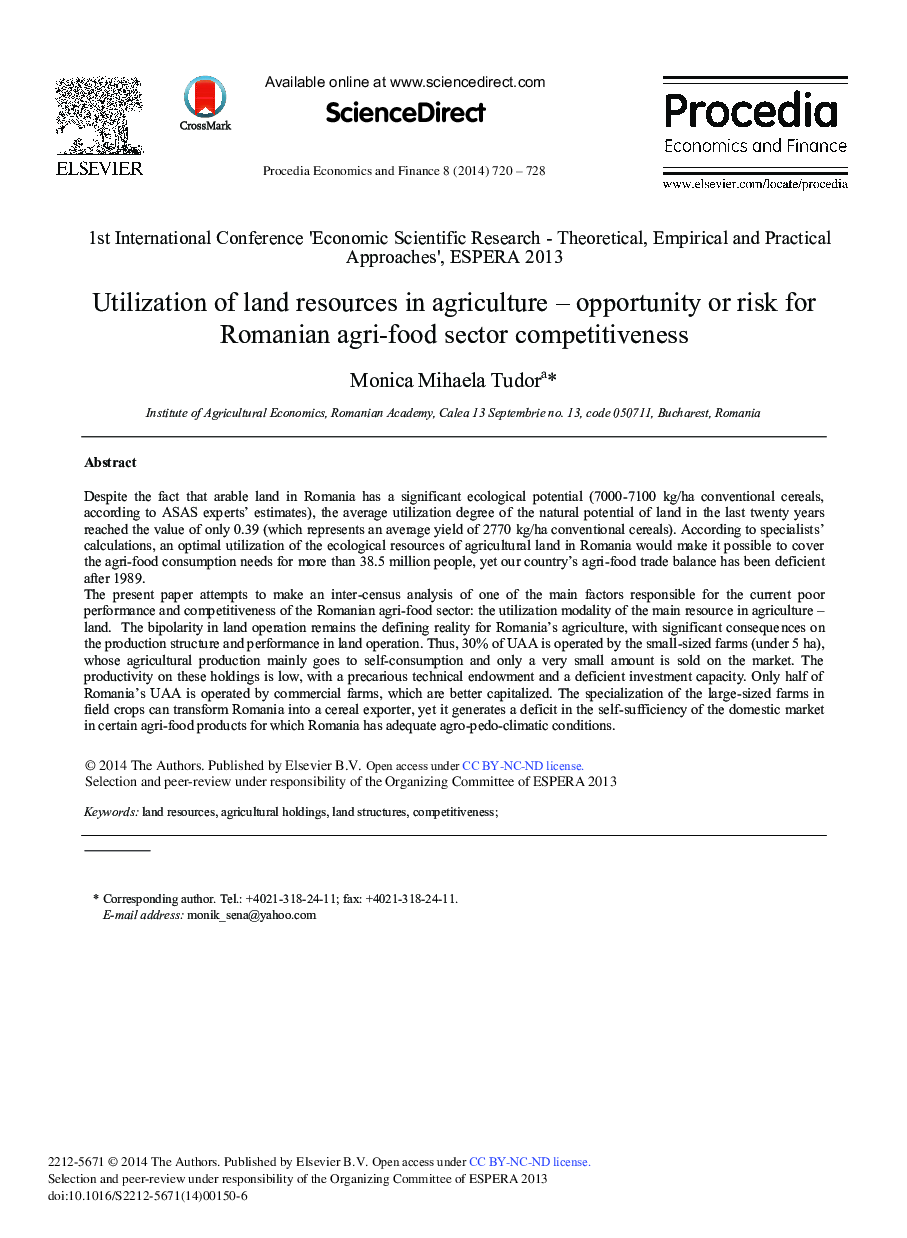 Utilization of Land Resources in Agriculture – Opportunity or Risk for Romanian Agri-food Sector Competitiveness 