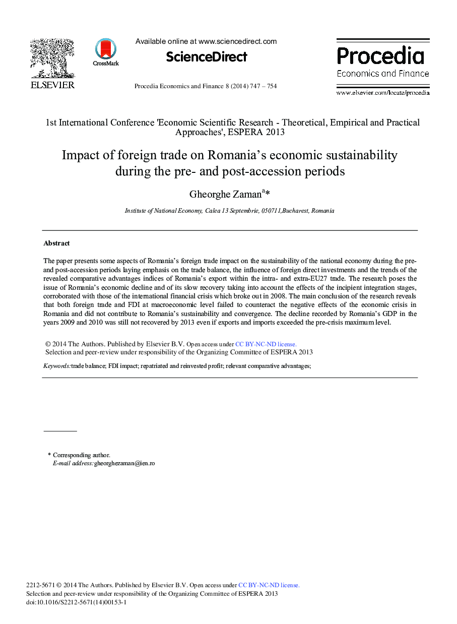 Impact of Foreign Trade on Romania's Economic Sustainability During the Pre- and Post-accession Periods 