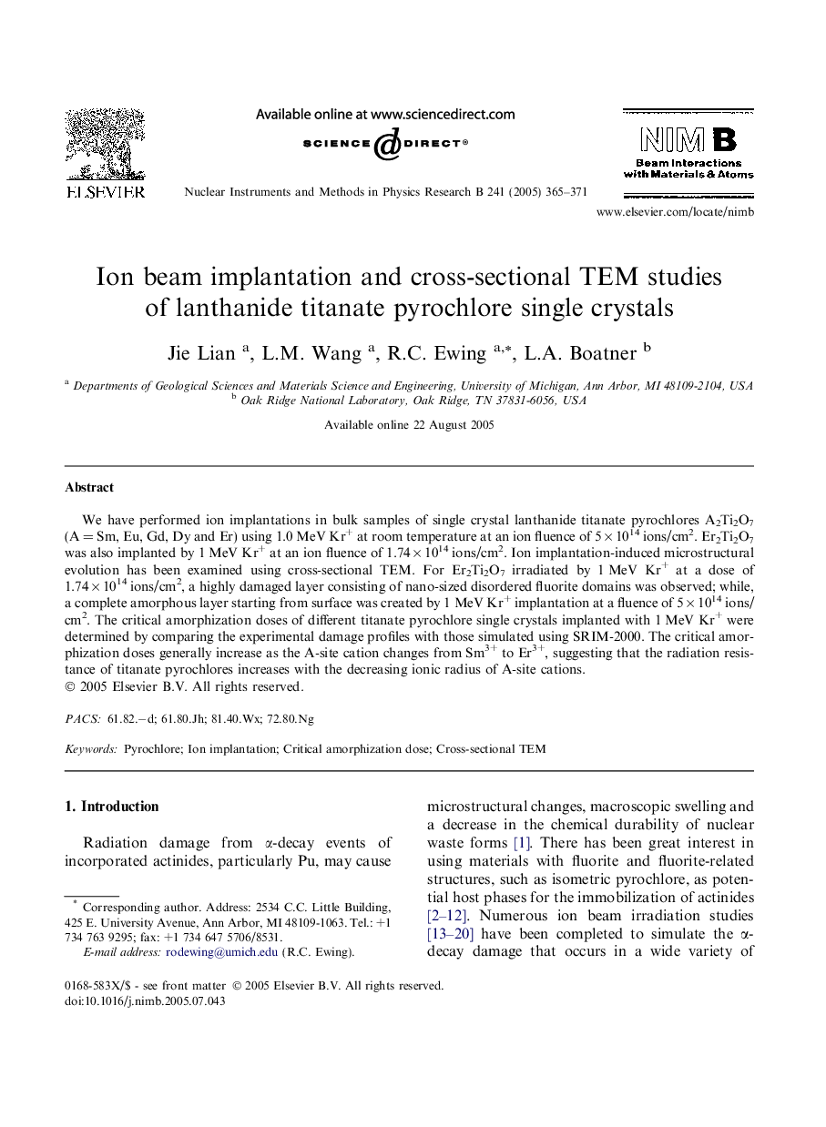 Ion beam implantation and cross-sectional TEM studies of lanthanide titanate pyrochlore single crystals