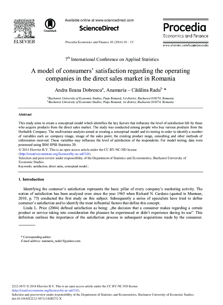 A Model of Consumers’ Satisfaction Regarding the Operating Companies in the Direct Sales Market in Romania 