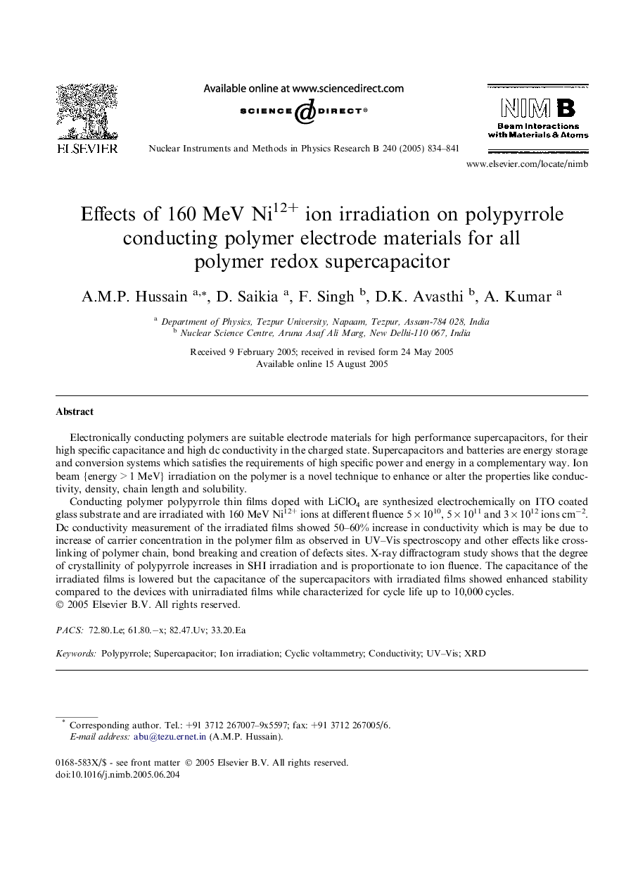 Effects of 160Â MeV Ni12+ ion irradiation on polypyrrole conducting polymer electrode materials for all polymer redox supercapacitor