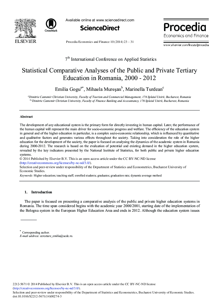 Statistical Comparative Analyses of the Public and Private Tertiary Education in Romania, 2000 – 2012 