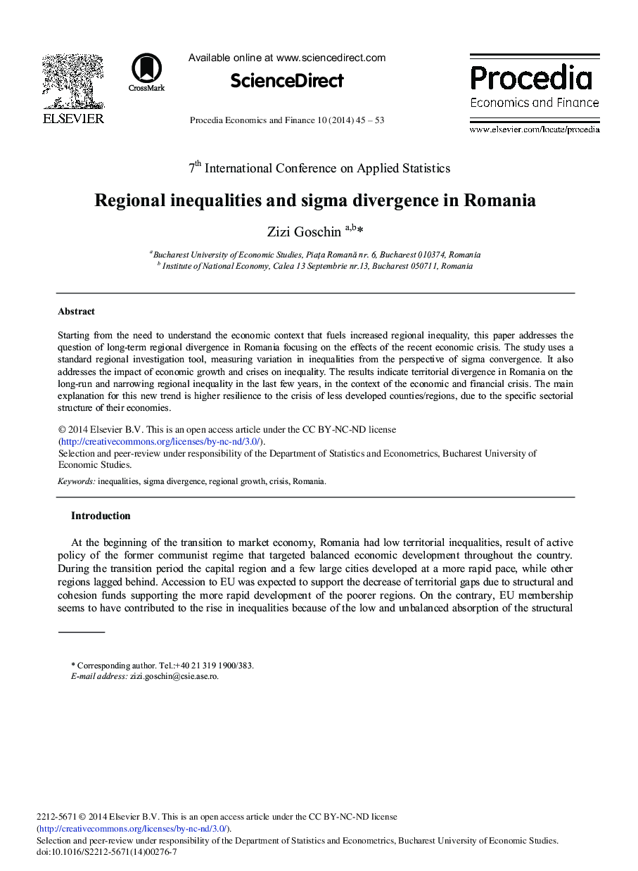 عکس صفحه اول مقاله: Regional Inequalities and Sigma Divergence in Romania Regional Inequalities and Sigma Divergence in Romania