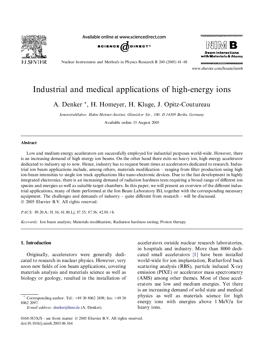 Industrial and medical applications of high-energy ions