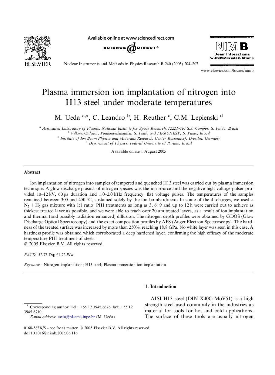 Plasma immersion ion implantation of nitrogen into H13 steel under moderate temperatures