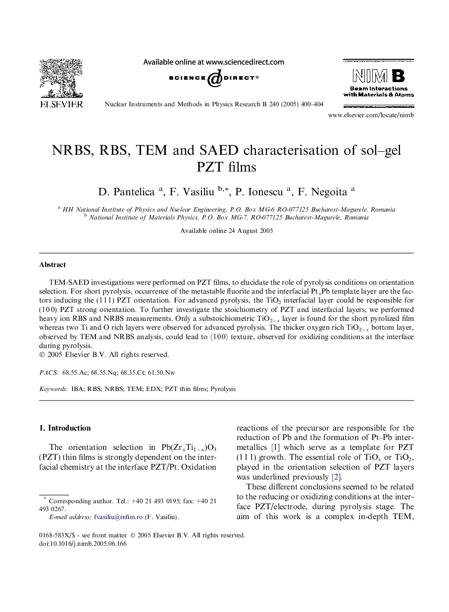 NRBS, RBS, TEM and SAED characterisation of sol-gel PZT films