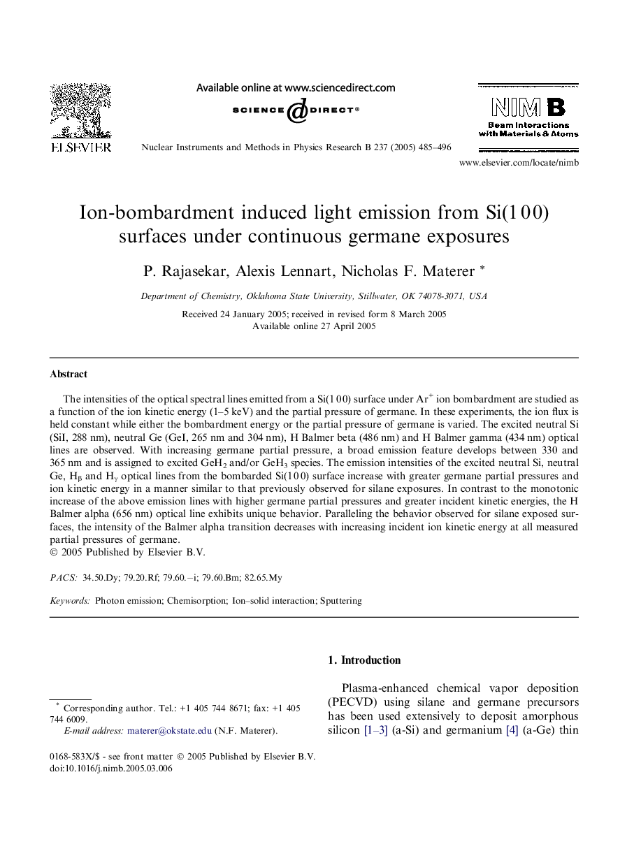 Ion-bombardment induced light emission from Si(1Â 0Â 0) surfaces under continuous germane exposures