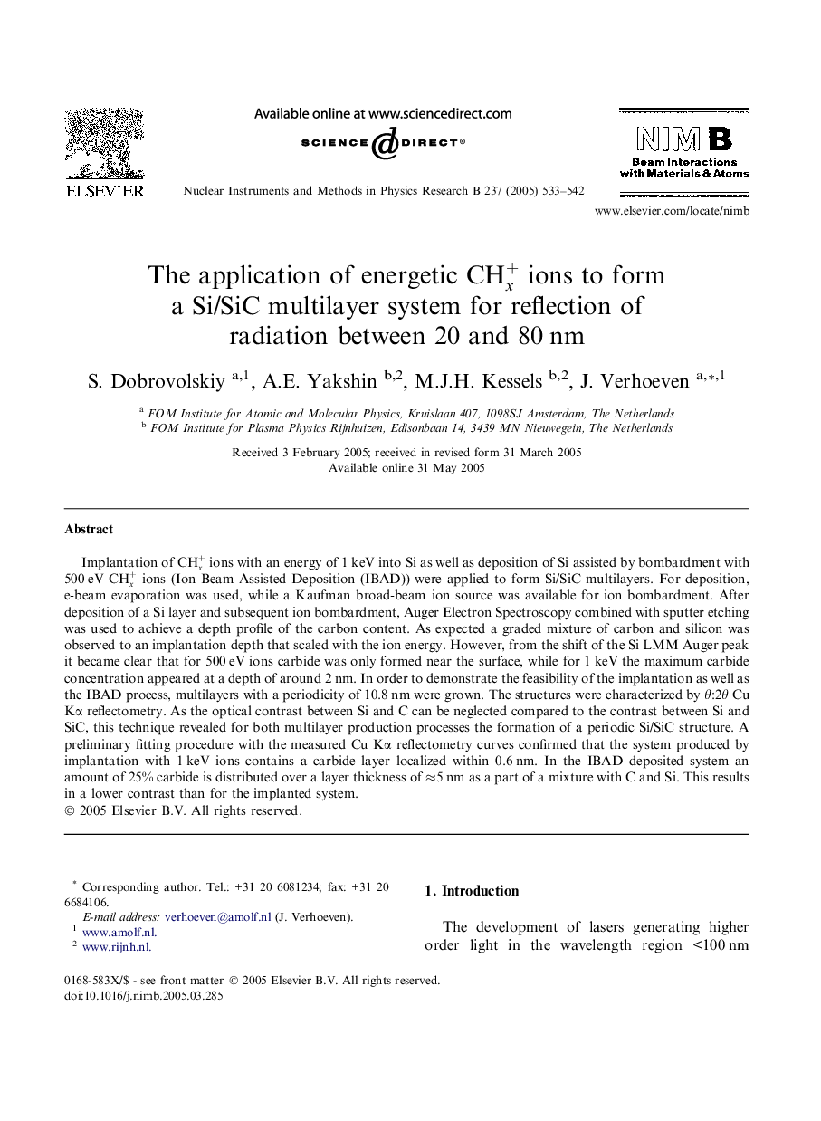 The application of energetic CHx+ ions to form a Si/SiC multilayer system for reflection of radiation between 20 and 80Â nm