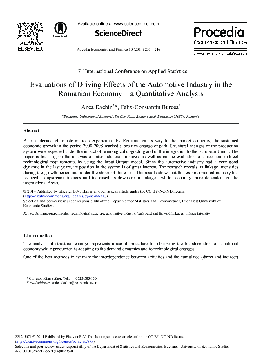 Evaluations of Driving Effects of the Automotive Industry in the Romanian Economy – A Quantitative Analysis 
