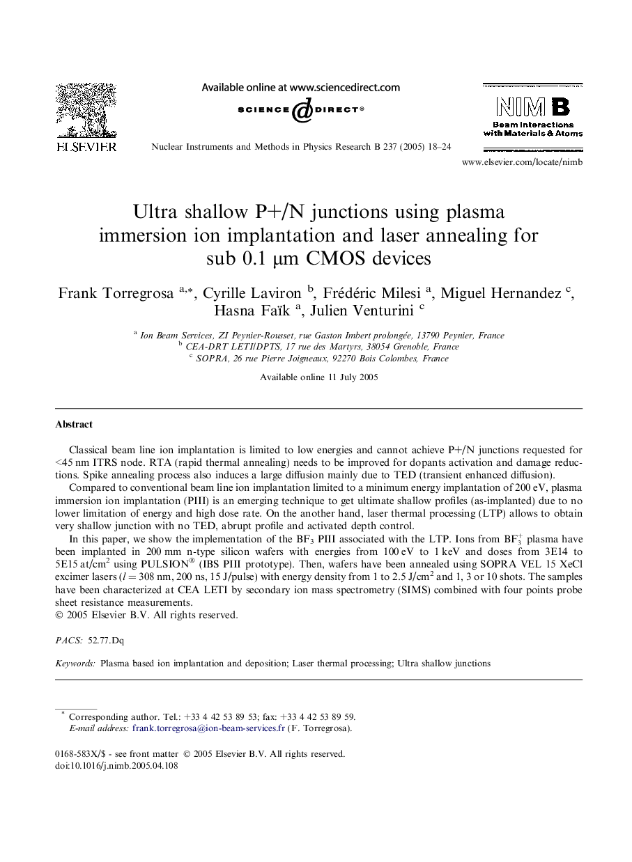 Ultra shallow P+/N junctions using plasma immersion ion implantation and laser annealing for sub 0.1Â Î¼m CMOS devices