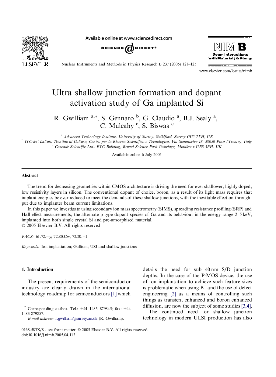 Ultra shallow junction formation and dopant activation study of Ga implanted Si