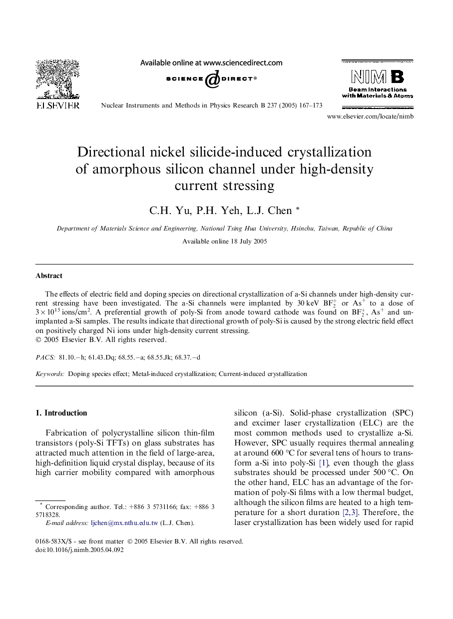 Directional nickel silicide-induced crystallization of amorphous silicon channel under high-density current stressing