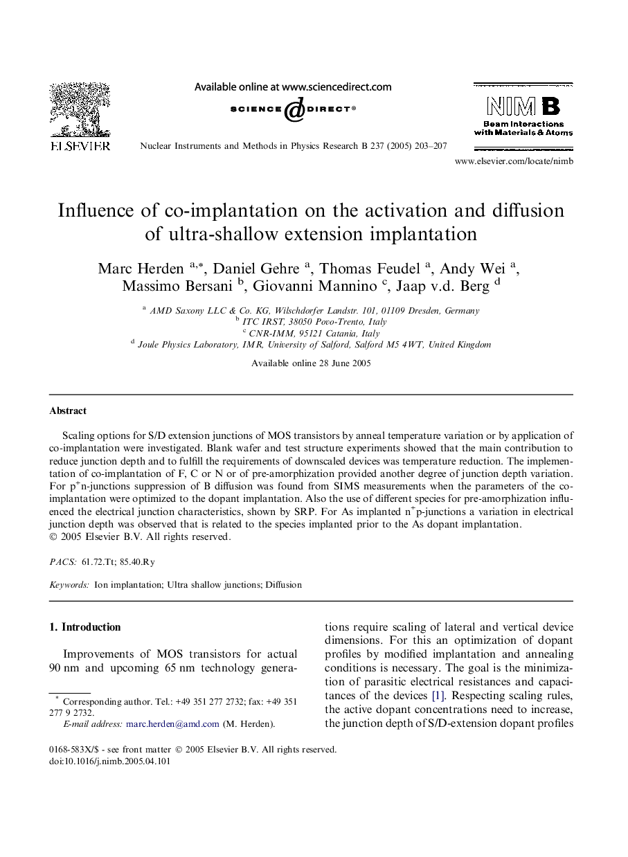 Influence of co-implantation on the activation and diffusion of ultra-shallow extension implantation