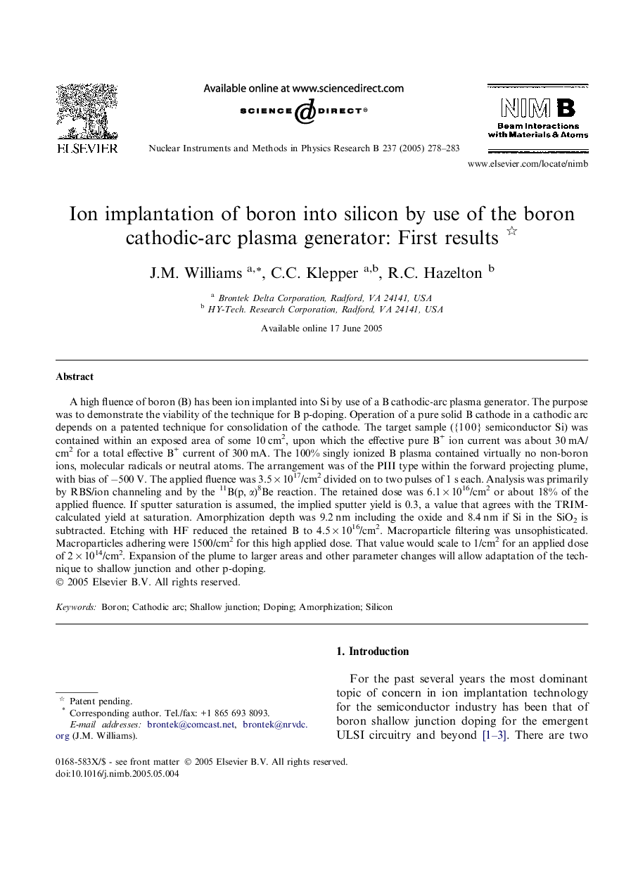 عکس صفحه اول مقاله: Ion implantation of boron into silicon by use of the boron cathodic-arc plasma generator: First results Ion implantation of boron into silicon by use of the boron cathodic-arc plasma generator: First results
