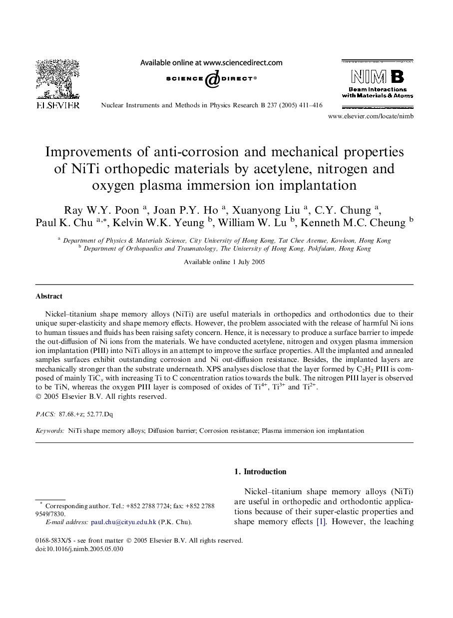 Improvements of anti-corrosion and mechanical properties of NiTi orthopedic materials by acetylene, nitrogen and oxygen plasma immersion ion implantation