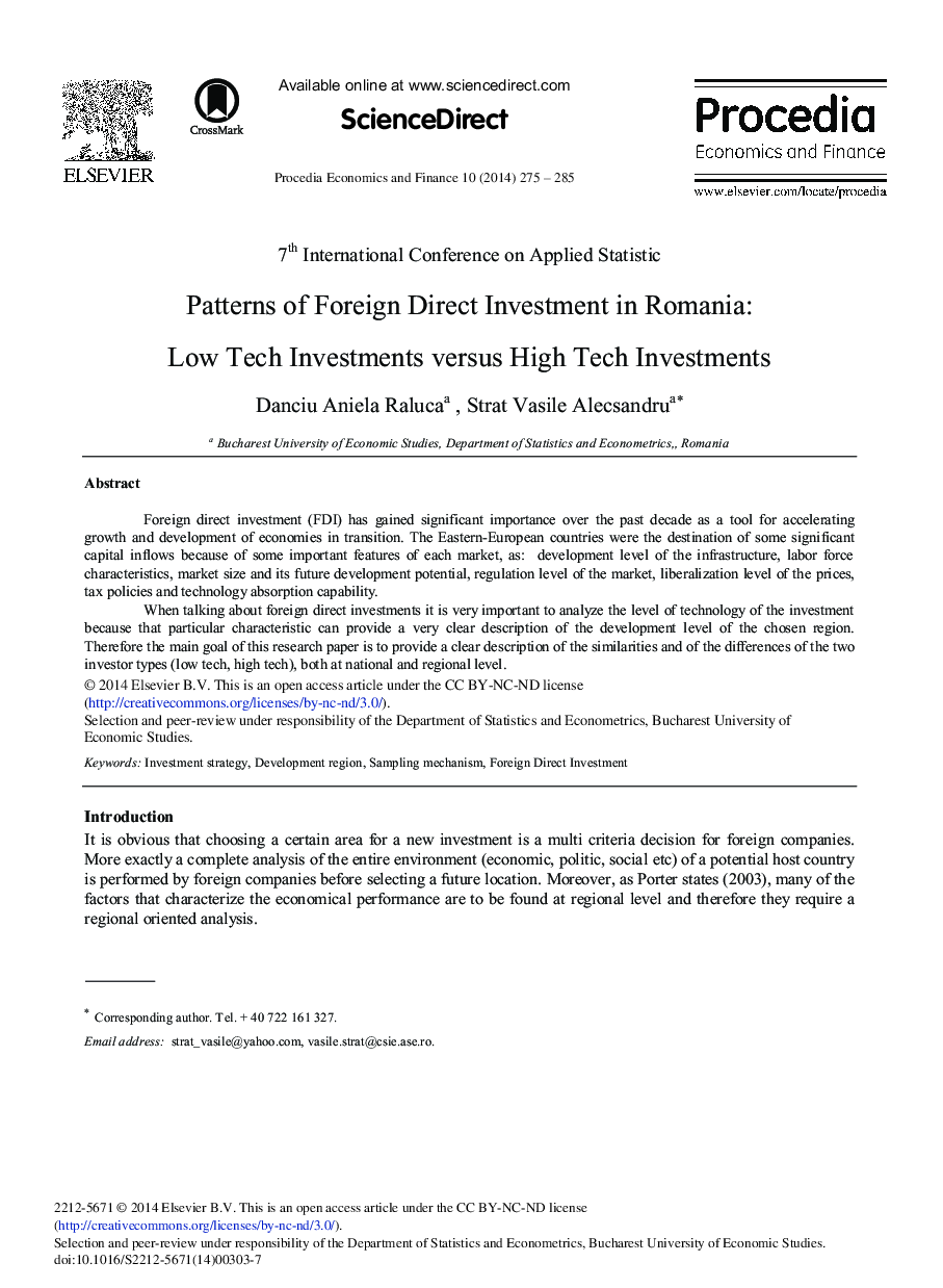 Patterns of Foreign Direct Investment in Romania: Low Tech Investments versus High Tech Investments 