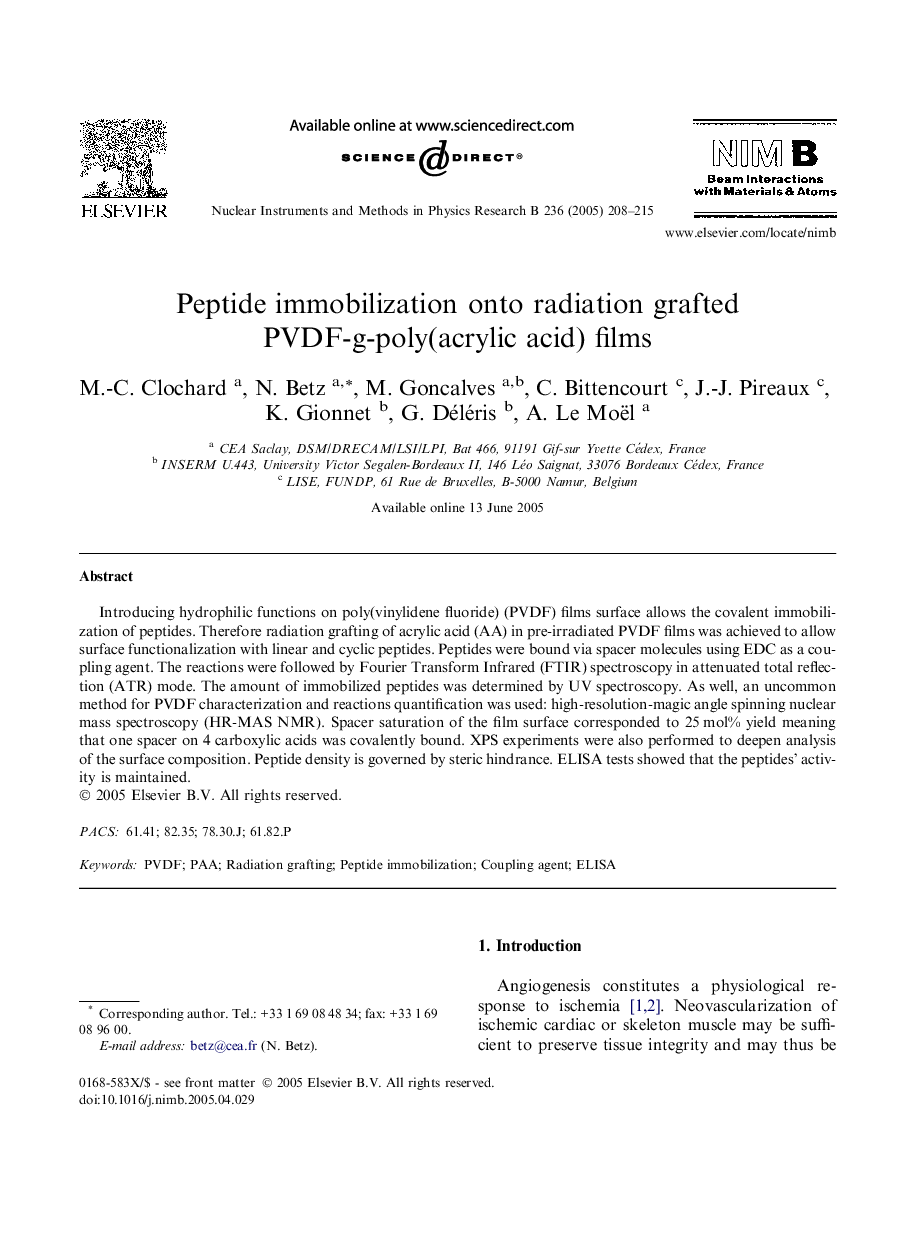 Peptide immobilization onto radiation grafted PVDF-g-poly(acrylic acid) films