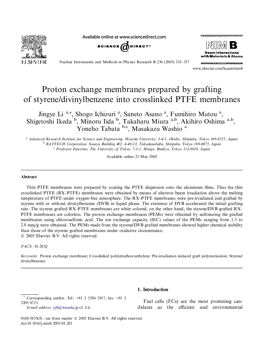 Proton exchange membranes prepared by grafting of styrene/divinylbenzene into crosslinked PTFE membranes