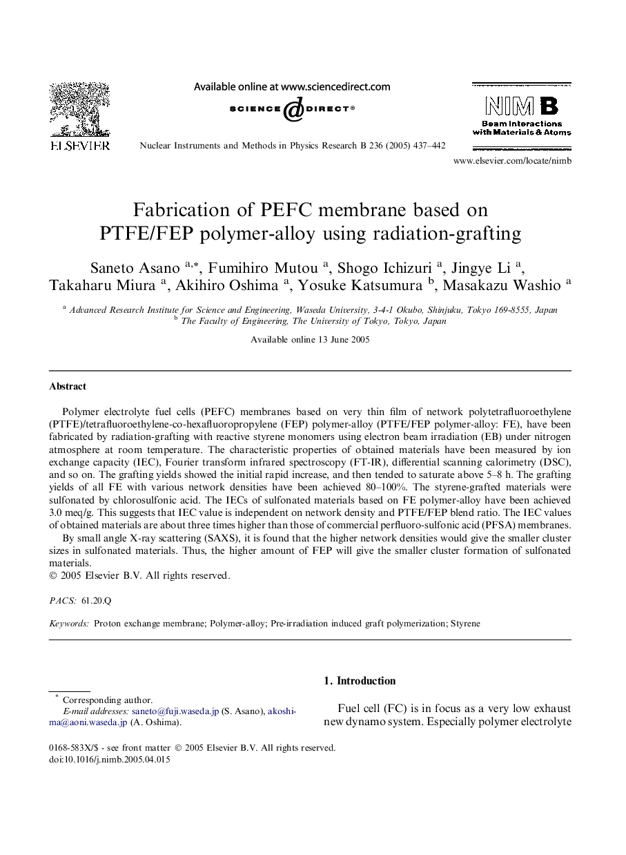 Fabrication of PEFC membrane based on PTFE/FEP polymer-alloy using radiation-grafting