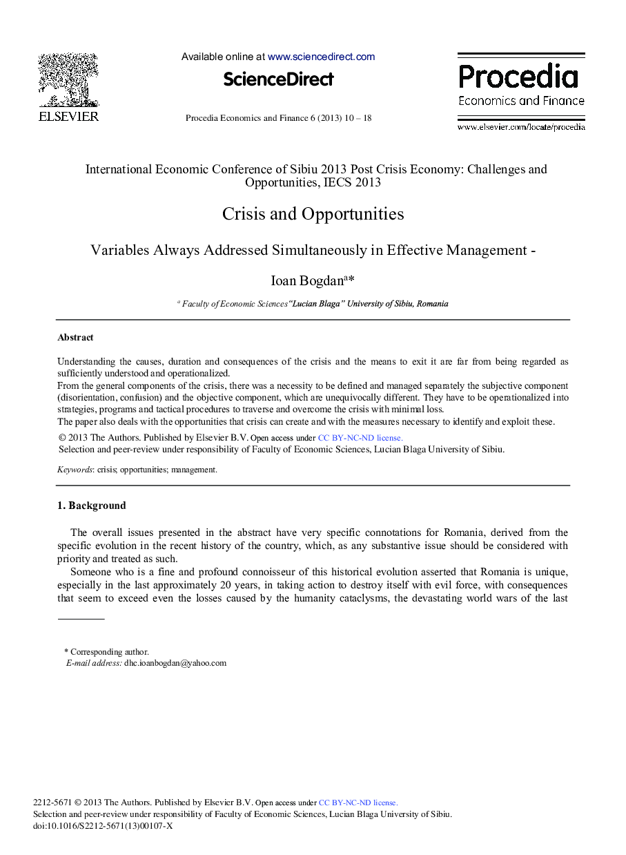 Crisis and Opportunities Variables always Addressed Simultaneously in Effective Management 