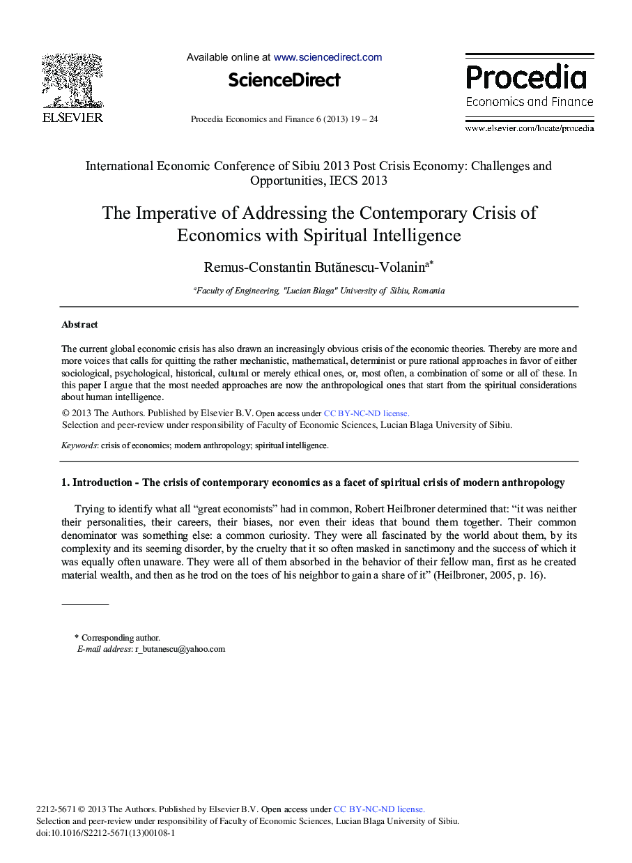 The Imperative of Addressing the Contemporary Crisis of Economics with Spiritual Intelligence 