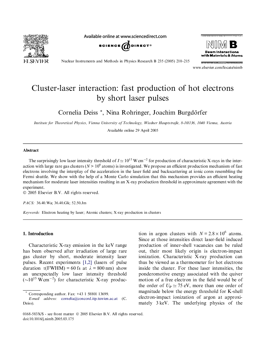 Cluster-laser interaction: fast production of hot electrons by short laser pulses