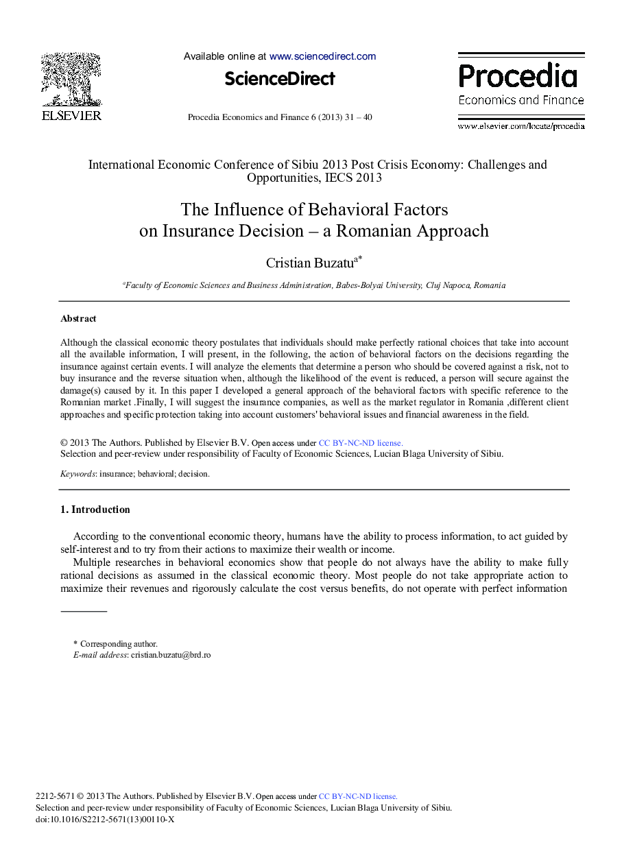 The Influence of Behavioral Factors on Insurance Decision – A Romanian Approach 