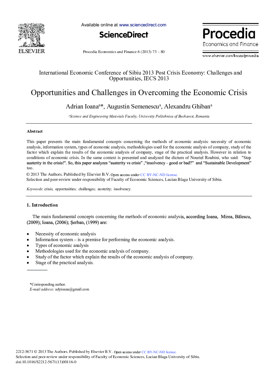 Opportunities and Challenges in Overcoming the Economic Crisis 