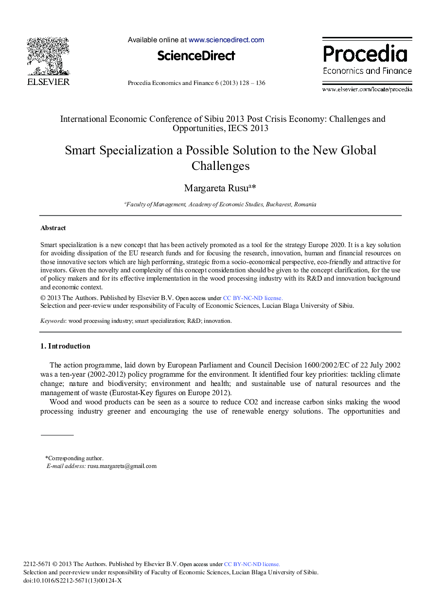 Smart Specialization a Possible Solution to the New Global Challenges 