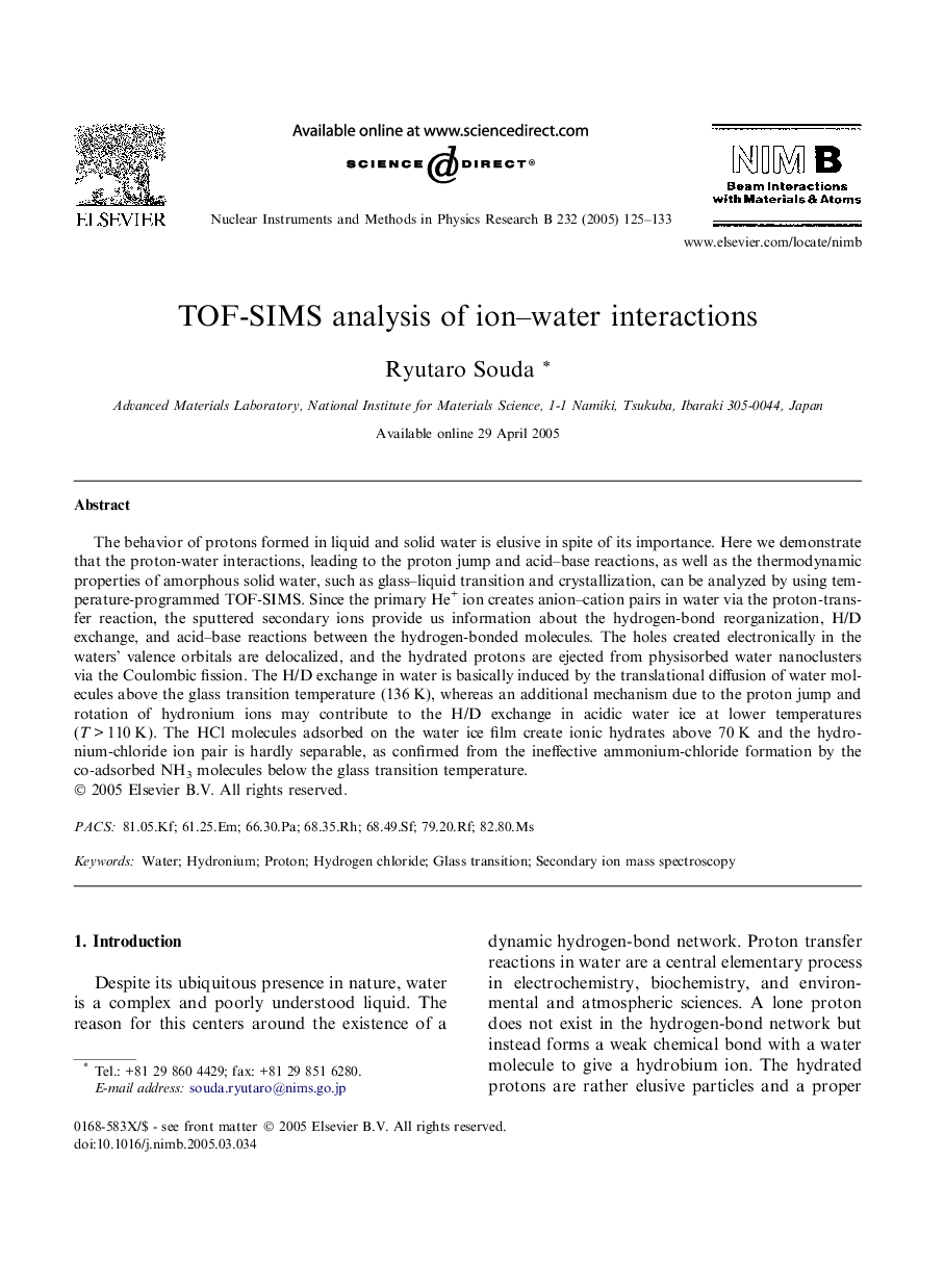 TOF-SIMS analysis of ion-water interactions