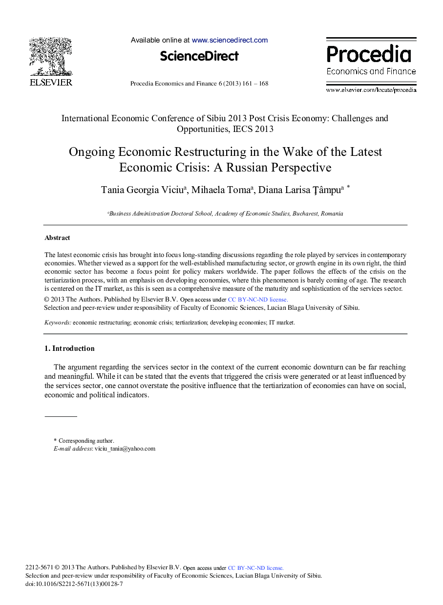 Ongoing Economic Restructuring in the Wake of the Latest Economic Crisis: A Russian Perspective 