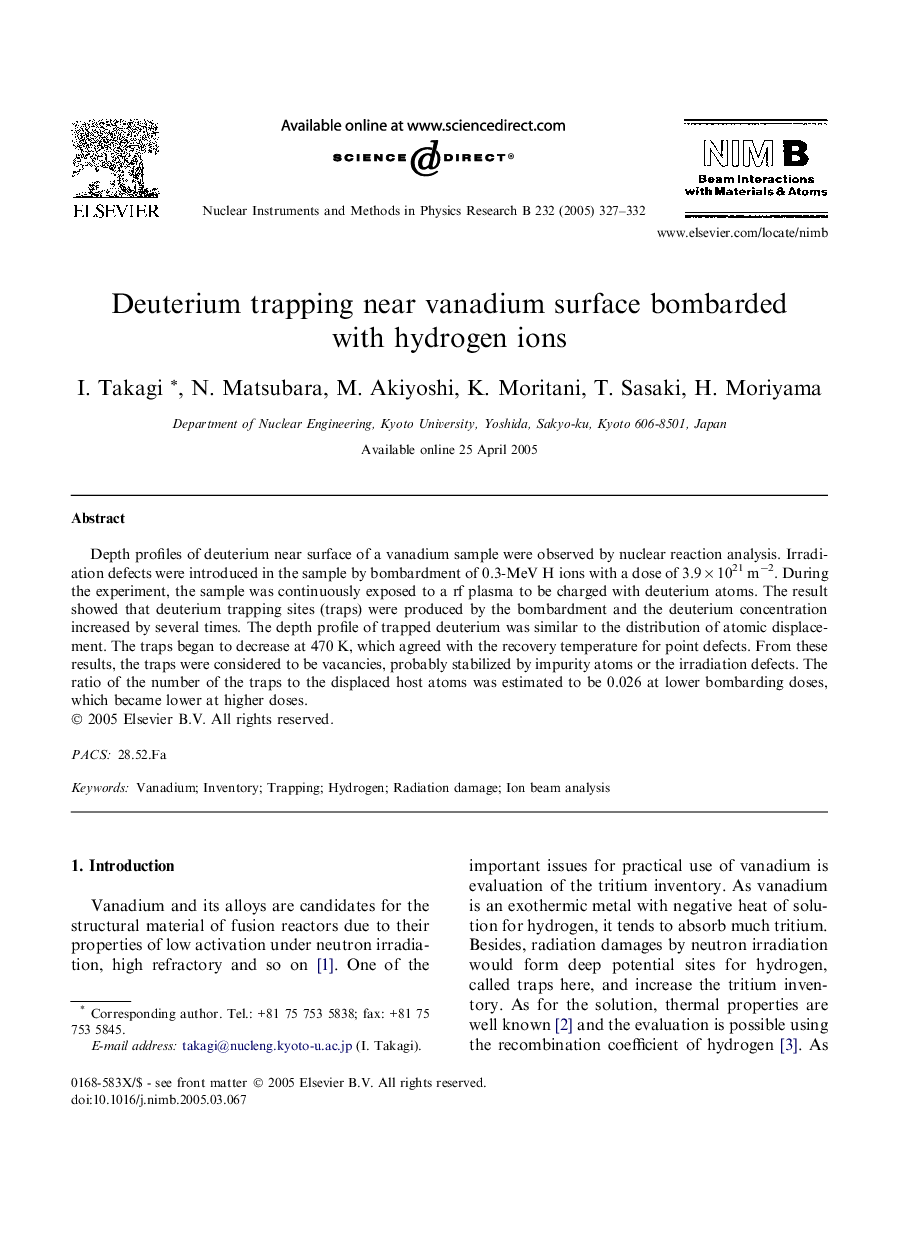 Deuterium trapping near vanadium surface bombarded with hydrogen ions