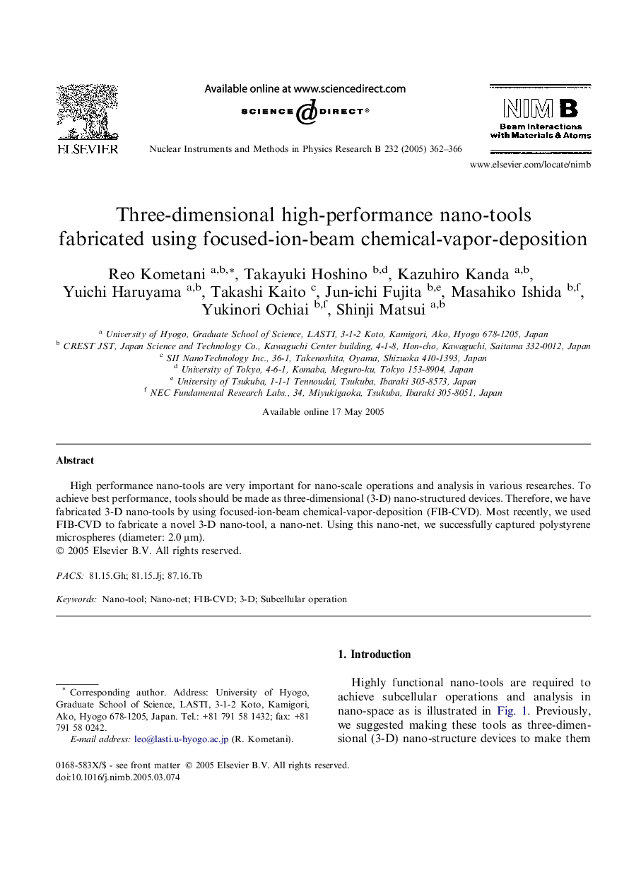 Three-dimensional high-performance nano-tools fabricated using focused-ion-beam chemical-vapor-deposition