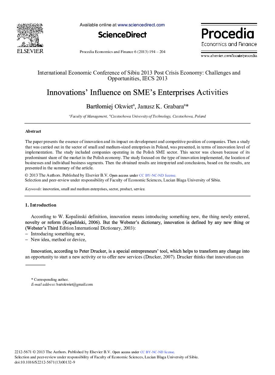 Innovations’ Influence on SME's Enterprises Activities 