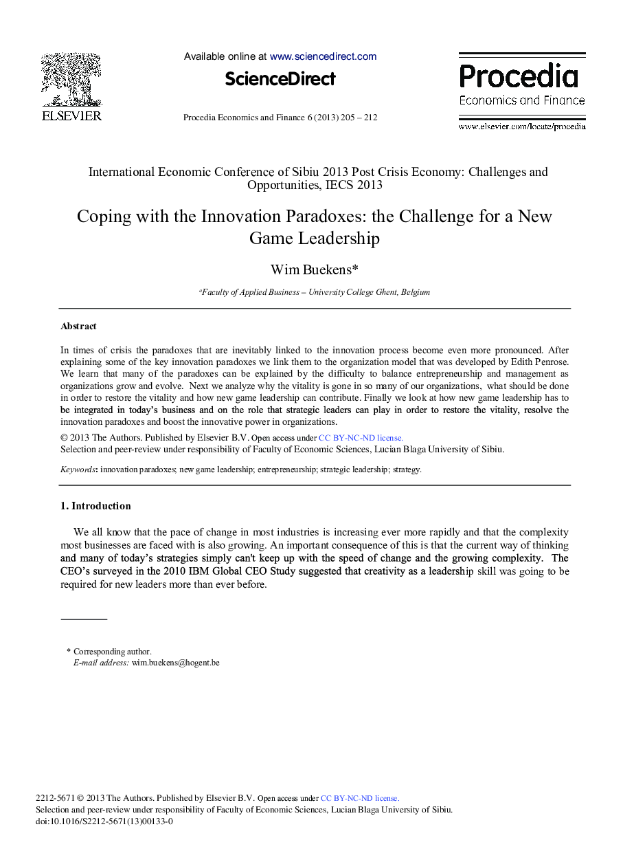 Coping with the Innovation Paradoxes: The Challenge for a New Game Leadership 