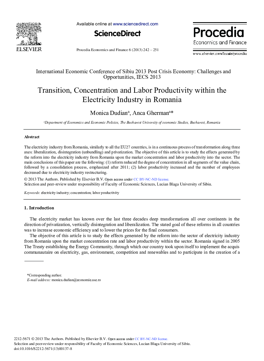 Transition, Concentration and Labor Productivity within the Electricity Industry in Romania 