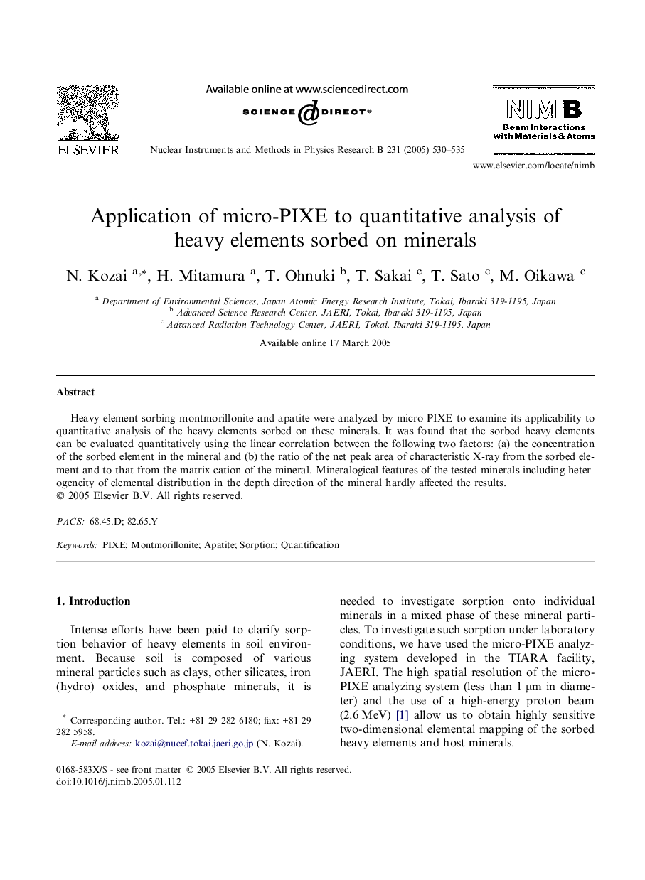 Application of micro-PIXE to quantitative analysis of heavy elements sorbed on minerals