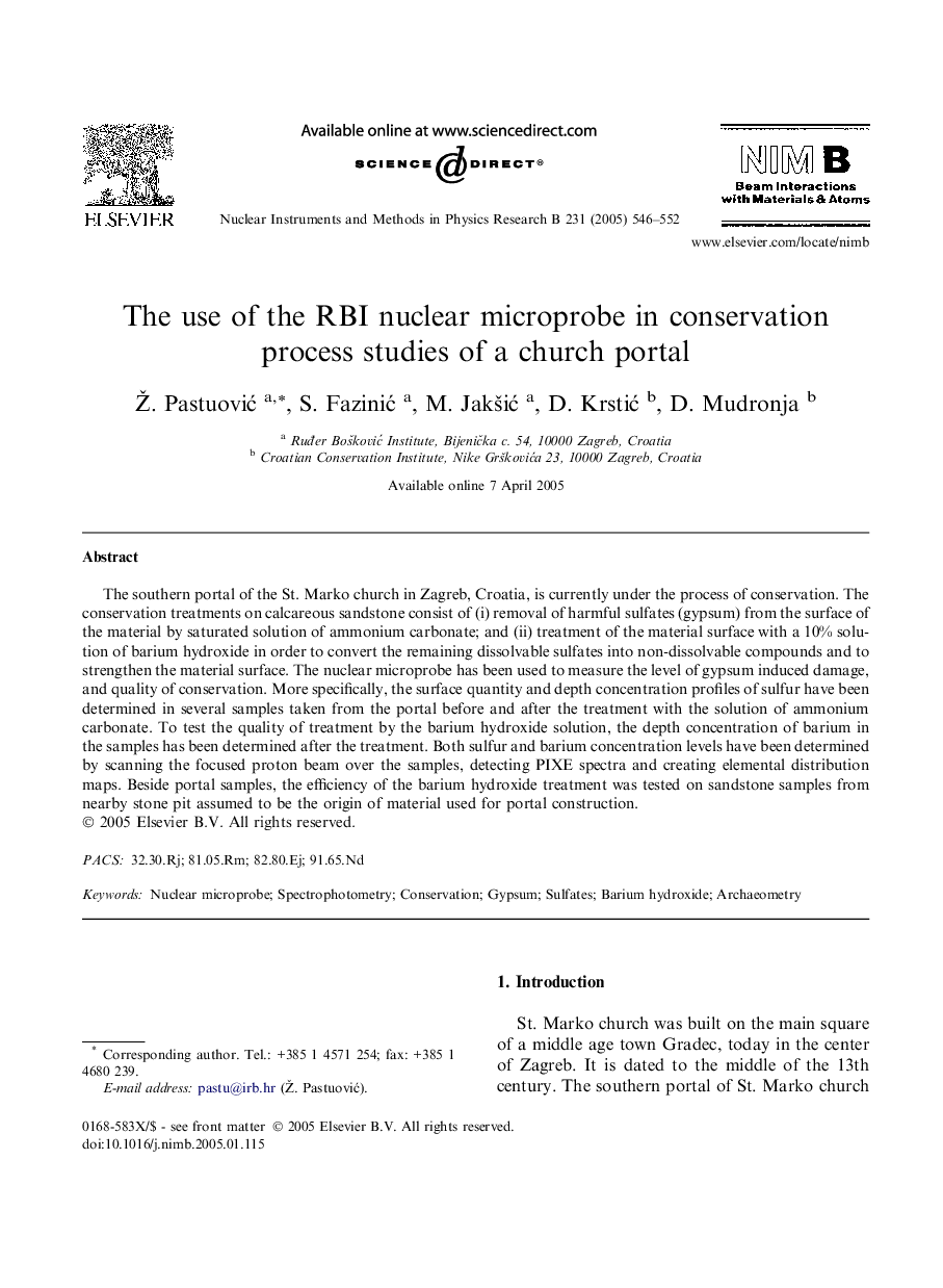 The use of the RBI nuclear microprobe in conservation process studies of a church portal