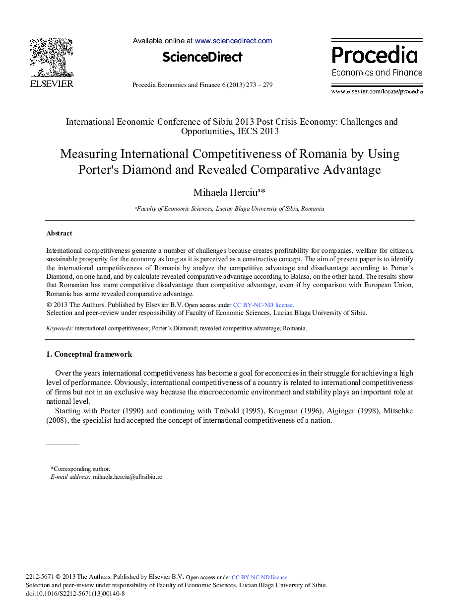 Measuring International Competitiveness of Romania by Using Porter's Diamond and Revealed Comparative Advantage 