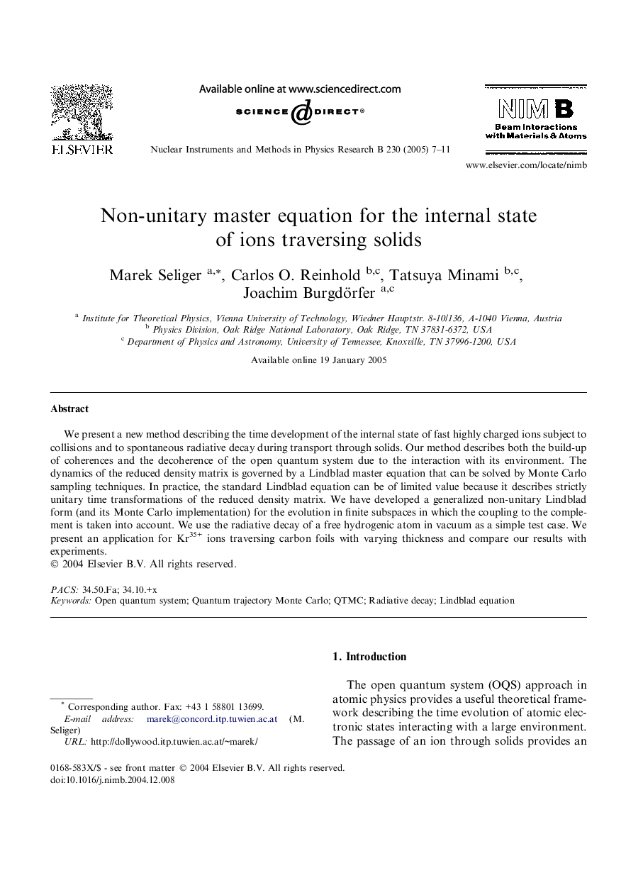 Non-unitary master equation for the internal state of ions traversing solids