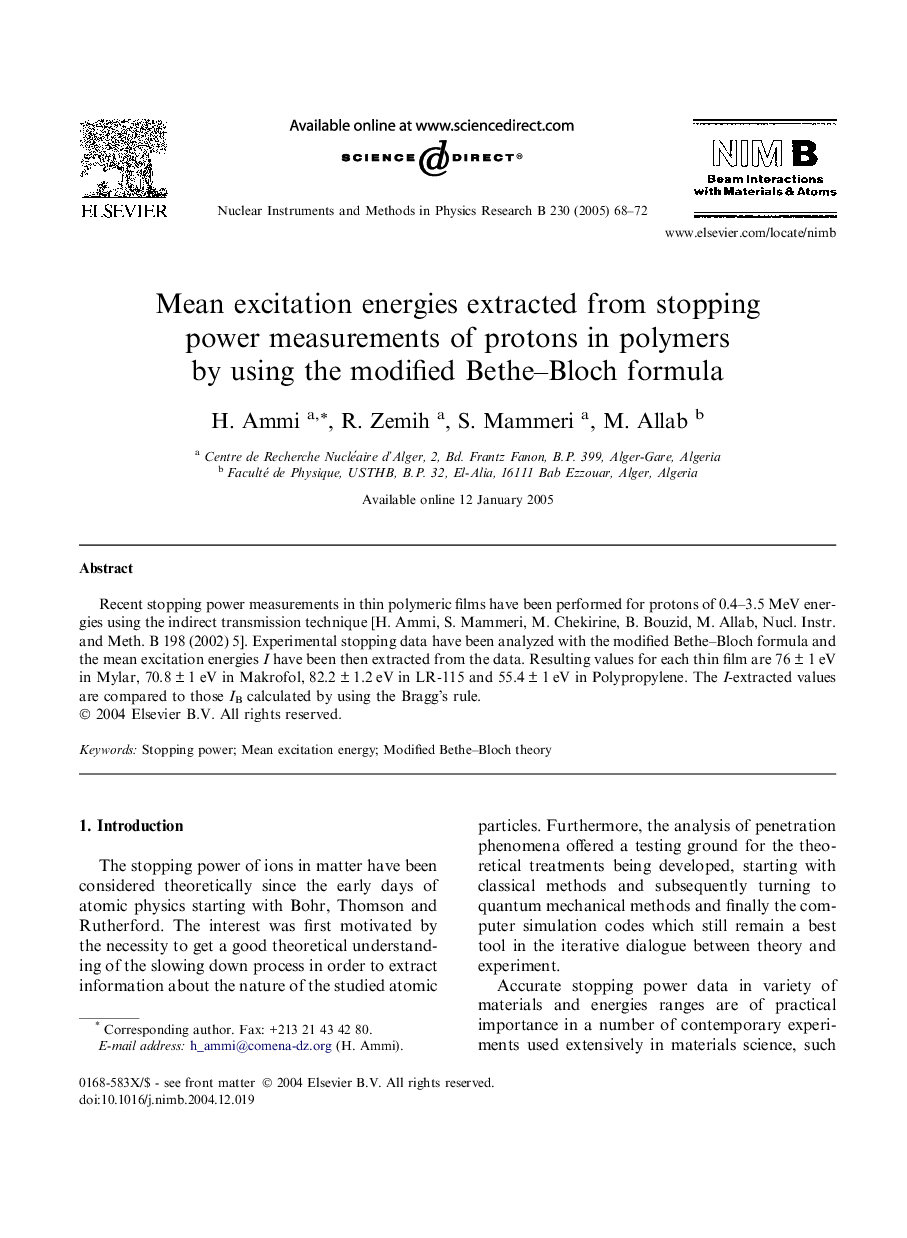 Mean excitation energies extracted from stopping power measurements of protons in polymers by using the modified Bethe-Bloch formula