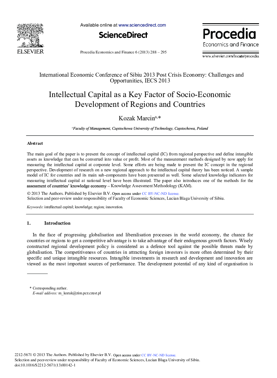 Intellectual Capital as a Key Factor of Socio-economic Development of Regions and Countries 
