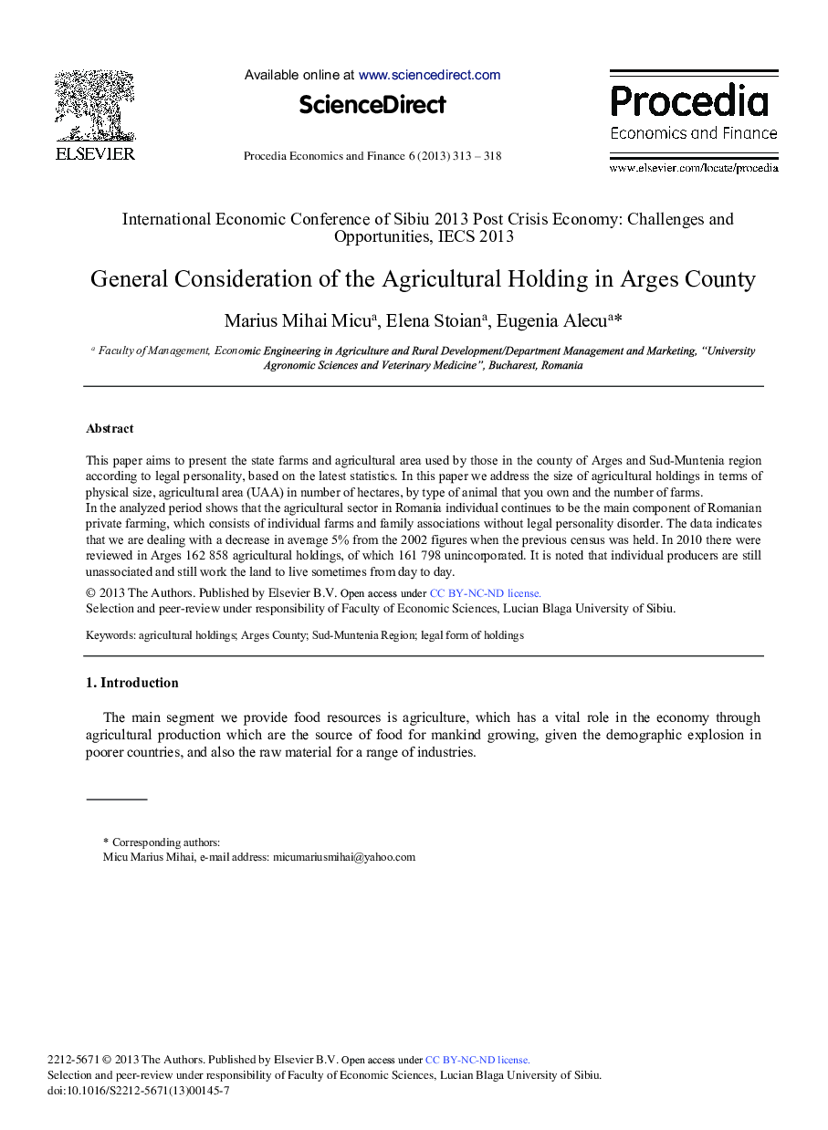 General Consideration of the Agricultural Holding in Arges County 