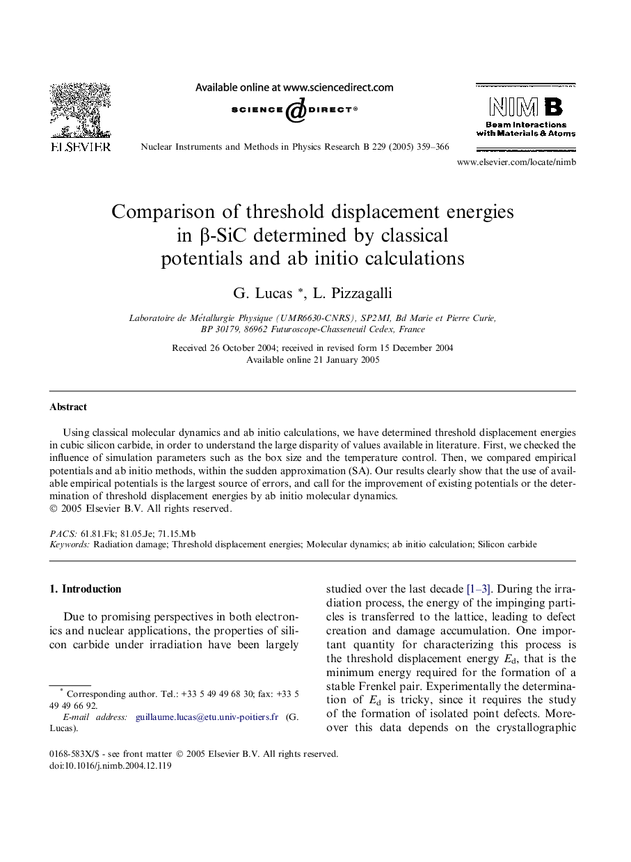 Comparison of threshold displacement energies in Î²-SiC determined by classical potentials and ab initio calculations