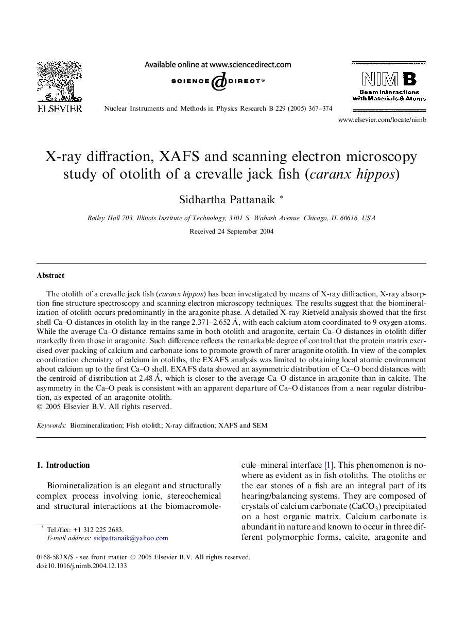 X-ray diffraction, XAFS and scanning electron microscopy study of otolith of a crevalle jack fish (caranx hippos)