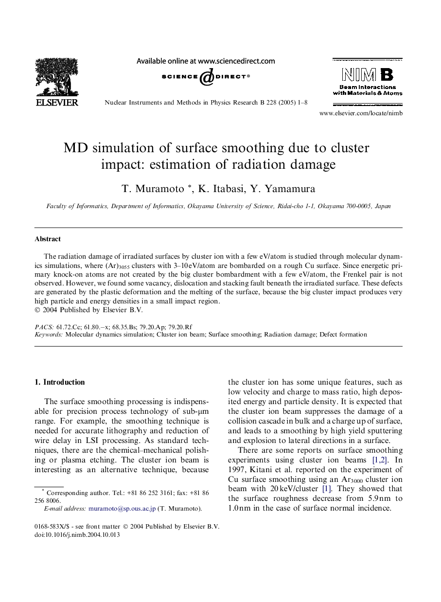 MD simulation of surface smoothing due to cluster impact: estimation of radiation damage