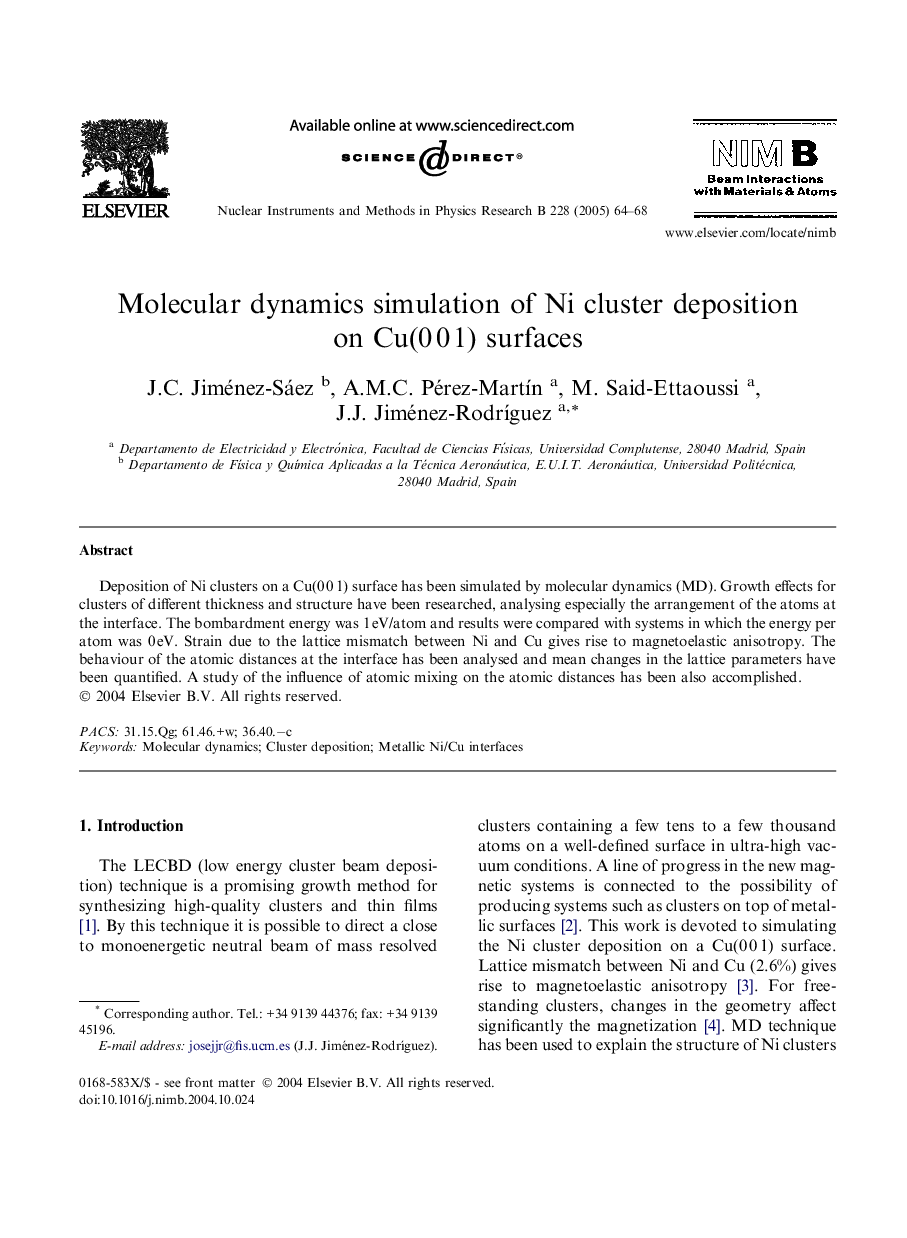 Molecular dynamics simulation of Ni cluster deposition on Cu(0Â 0Â 1) surfaces