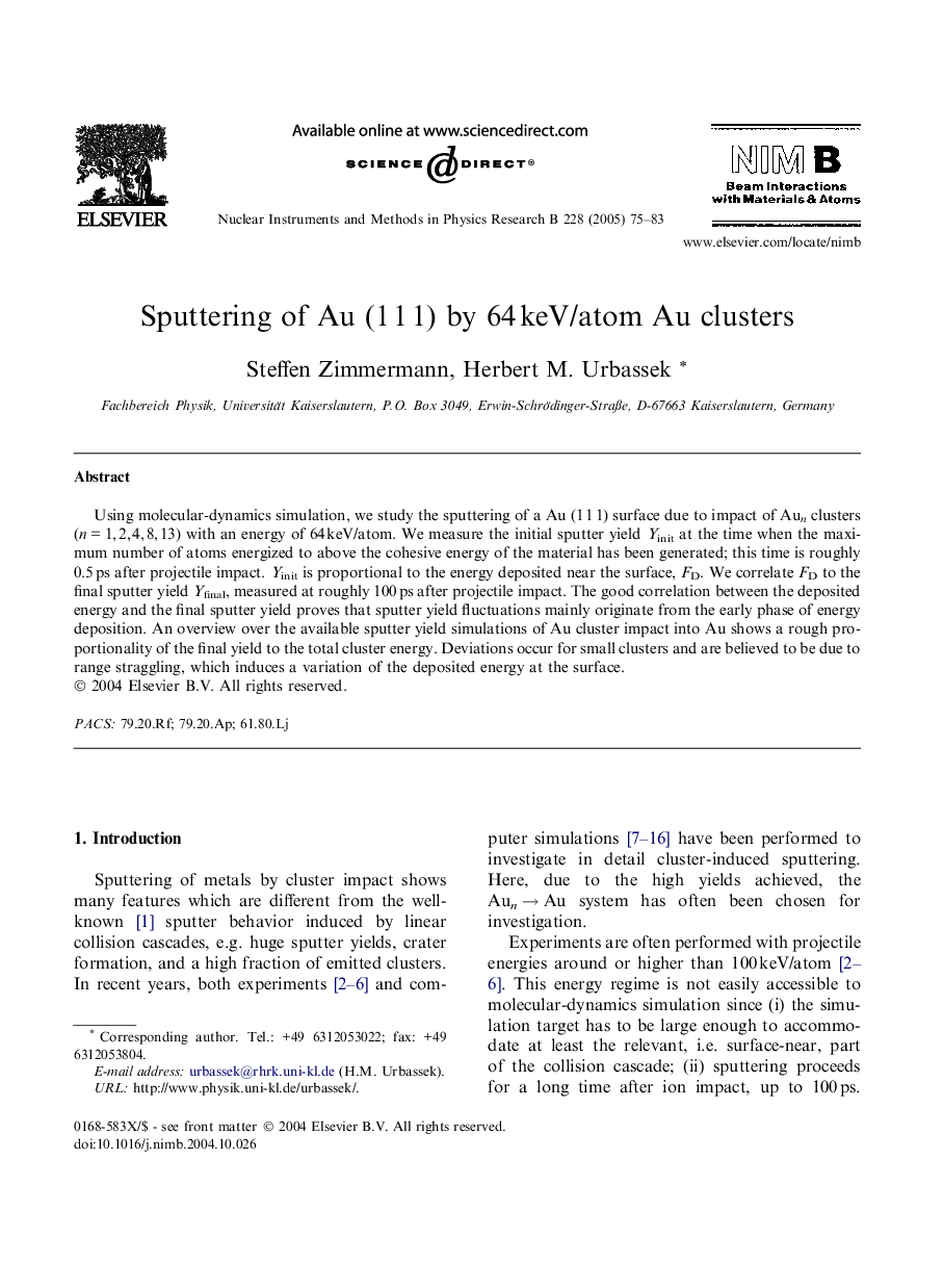 Sputtering of Au (1Â 1Â 1) by 64Â keV/atom Au clusters