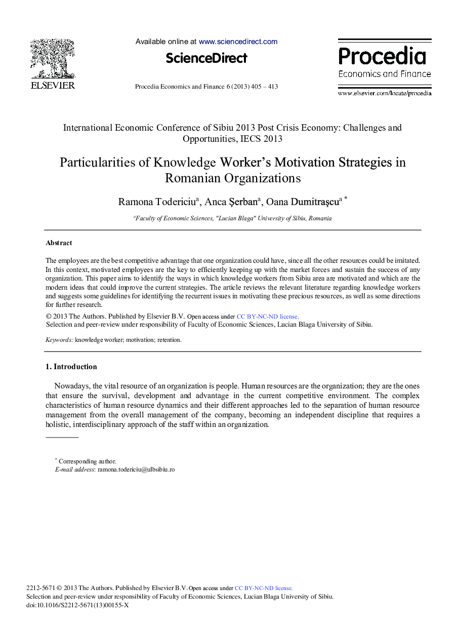 Particularities of Knowledge Worker's Motivation Strategies in Romanian Organizations 