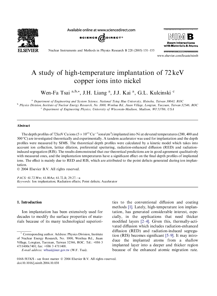 A study of high-temperature implantation of 72Â keV copper ions into nickel